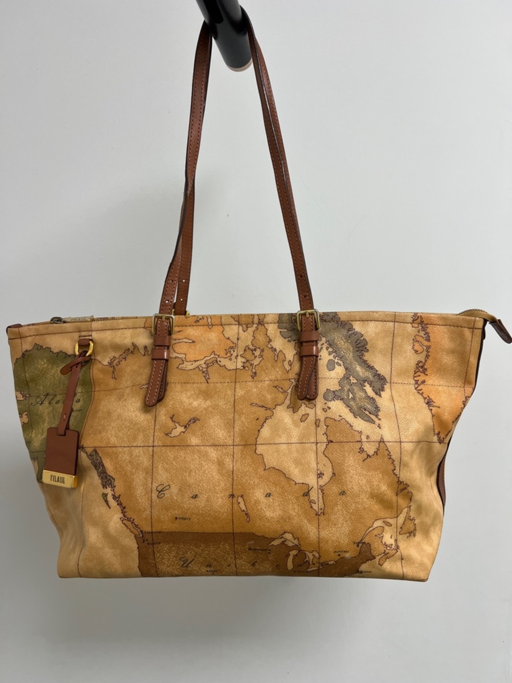 Alviero Martini Map-Print Beige and Brown Leather Tote